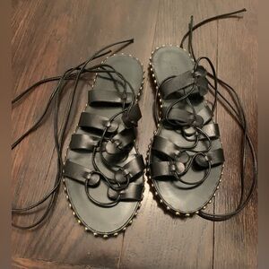 J Crew Womens Black leather gladiator lace up sandals with gold stud details.